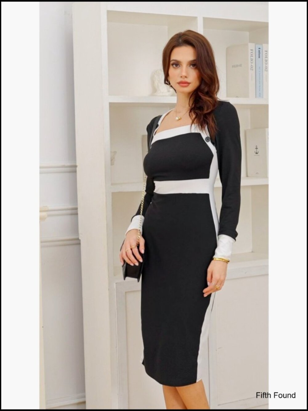 Long sleeve square neck bodycon midi dress - Picture 6 of 7